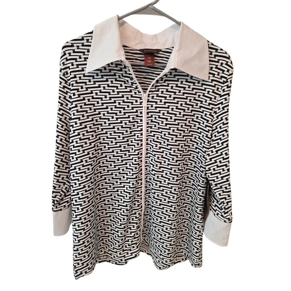 Multiples Black and White Geometric Full Zip Up Jacket/Blouse - PXL